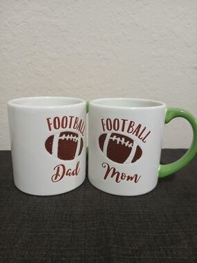 Football Dad & Football Mom Ceramic Coffee Mugs with Green Handle.